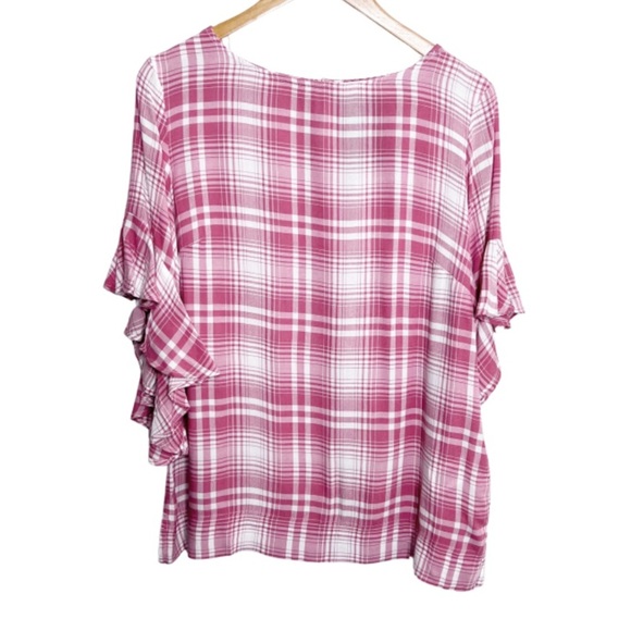 New with Tag Chaps Women’s Plaid Pink White Short Flutter Sleeve Ruffle Blouse - Picture 4 of 16